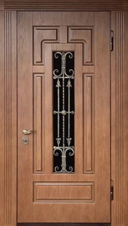 Металлическая дверь с терморазрывом, решеткой и стеклопакетом (МДФ со шпоном и фрезеровкой)