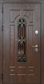 Металлическая дверь с терморазрывом, накладной ковкой и стеклом (отделка МДФ ПВХ) Металлическая дверь с терморазрывом, накладной ковкой и стеклом (отделка МДФ ПВХ)