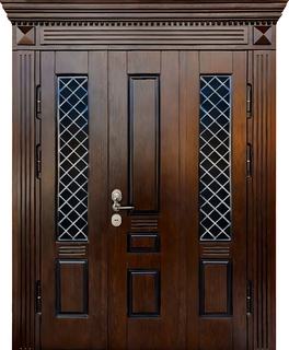 Парадная полуторная термодверь с карнизом и панелями МДФ шпон (ковка + остекление) Парадная полуторная термодверь с карнизом и панелями МДФ шпон (ковка + остекление)
