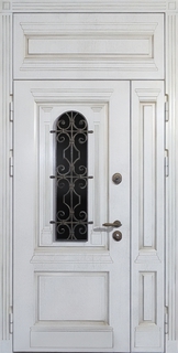Полуторная входная термодверь с фрамугой, стеклом и ковкой (белые панели МДФ с патиной) Полуторная входная термодверь с фрамугой, стеклом и ковкой (белые панели МДФ с патиной)