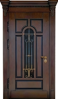 Шпонированная стальная дверь с терморазрывом и капителями (стеклопакет + ковка)