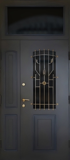 Стальная полуторная термодверь с остекленной верхней вставкой и кованой решеткой Стальная полуторная термодверь с остекленной верхней вставкой и кованой решеткой