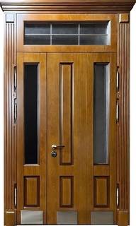 Полуторная шпонированная термодверь МДФ с остеклением, фрамугой и отбойниками