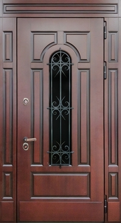 Металлическая термодверь с узкими вставками и отделкой МДФ шпон (ковка + стеклопакет)