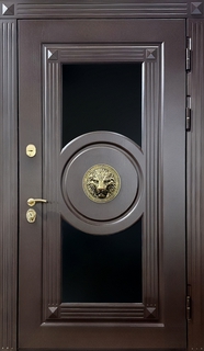 Металлическая остекленная термодверь с чеканкой в виде льва (МДФ панели)